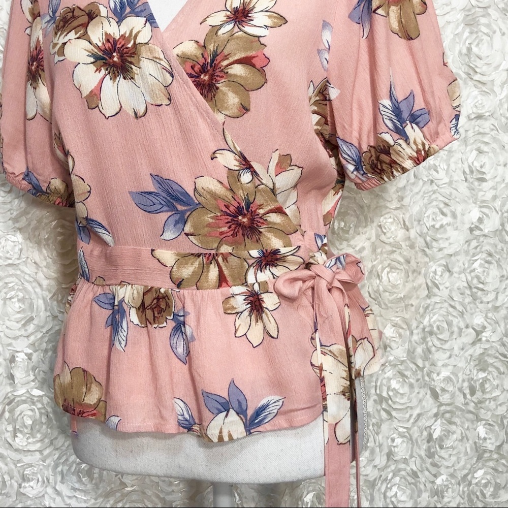 Floral Print Wrap Front Ruffled Hem Blouse - Picture 5 of 7